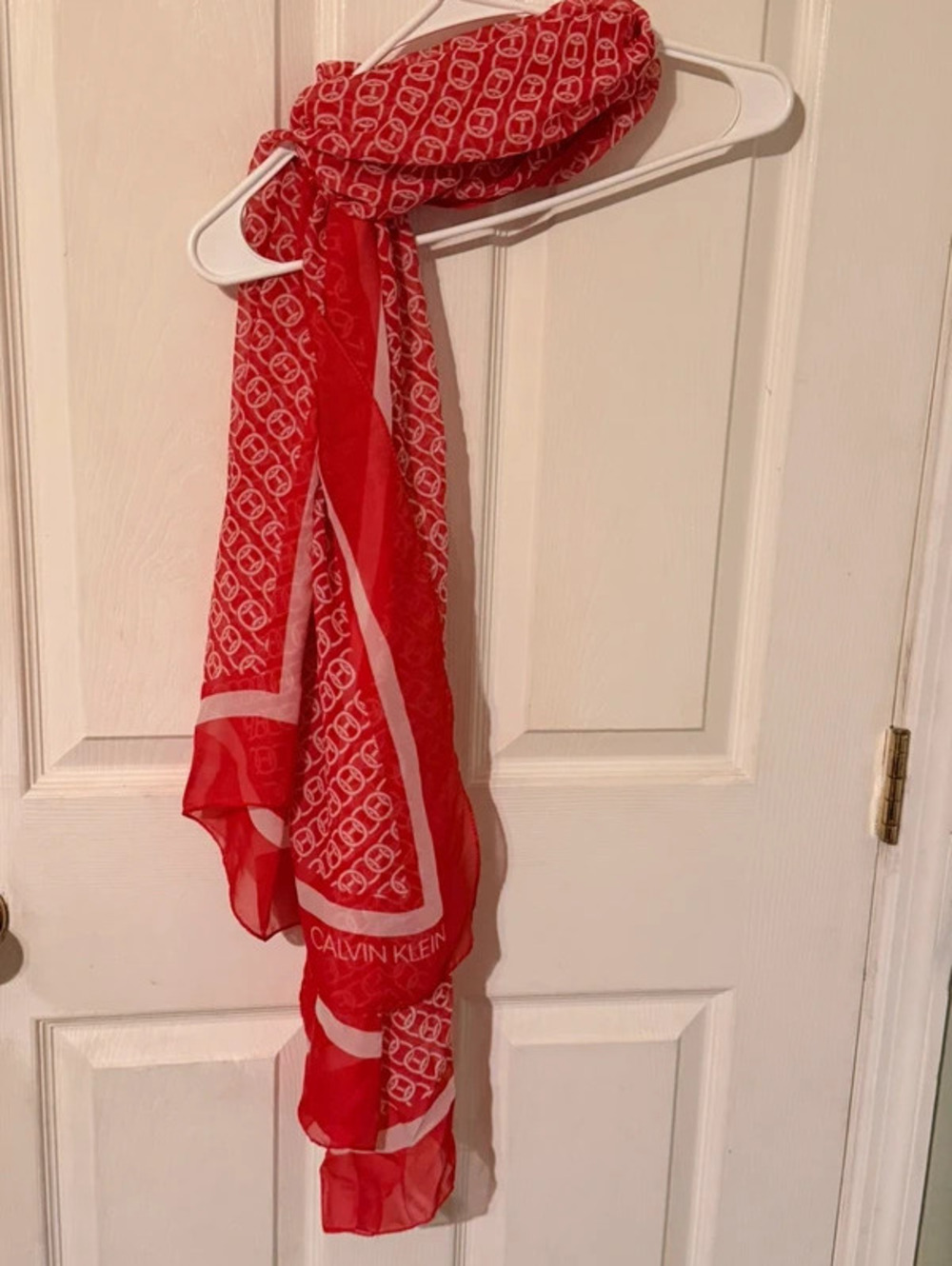 Calvin Klein Chain Print Vibrant Red Chiffon Old Money Chic Scarf